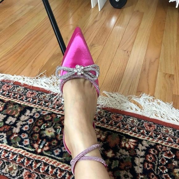 Barbie Pink Satin High Heels Ankle Strap Pointed Toe Rhinstone Elle woods - Picture 12 of 12